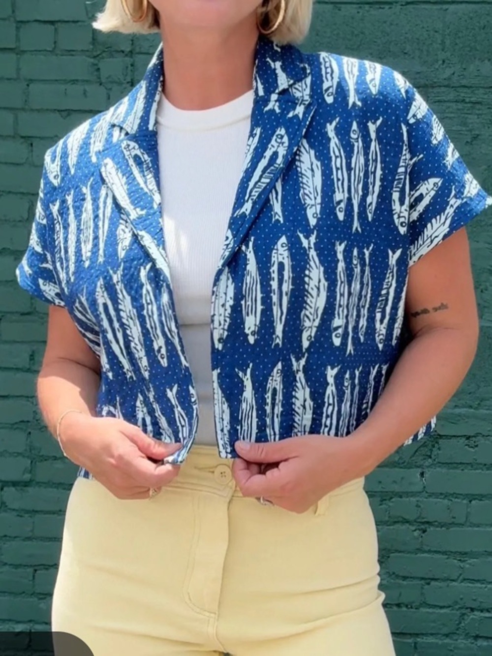 Ivy Jane Fish Camp Quilted Short Sleeve Vest Jacket Blue Women Small Medium S/M